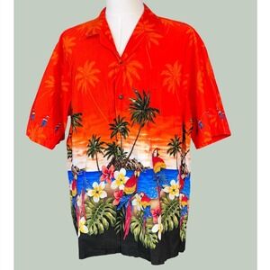 Pacific Legend Hawaiian Shirt Men 2XL Orange Excellent Parrot Tropical Sunset